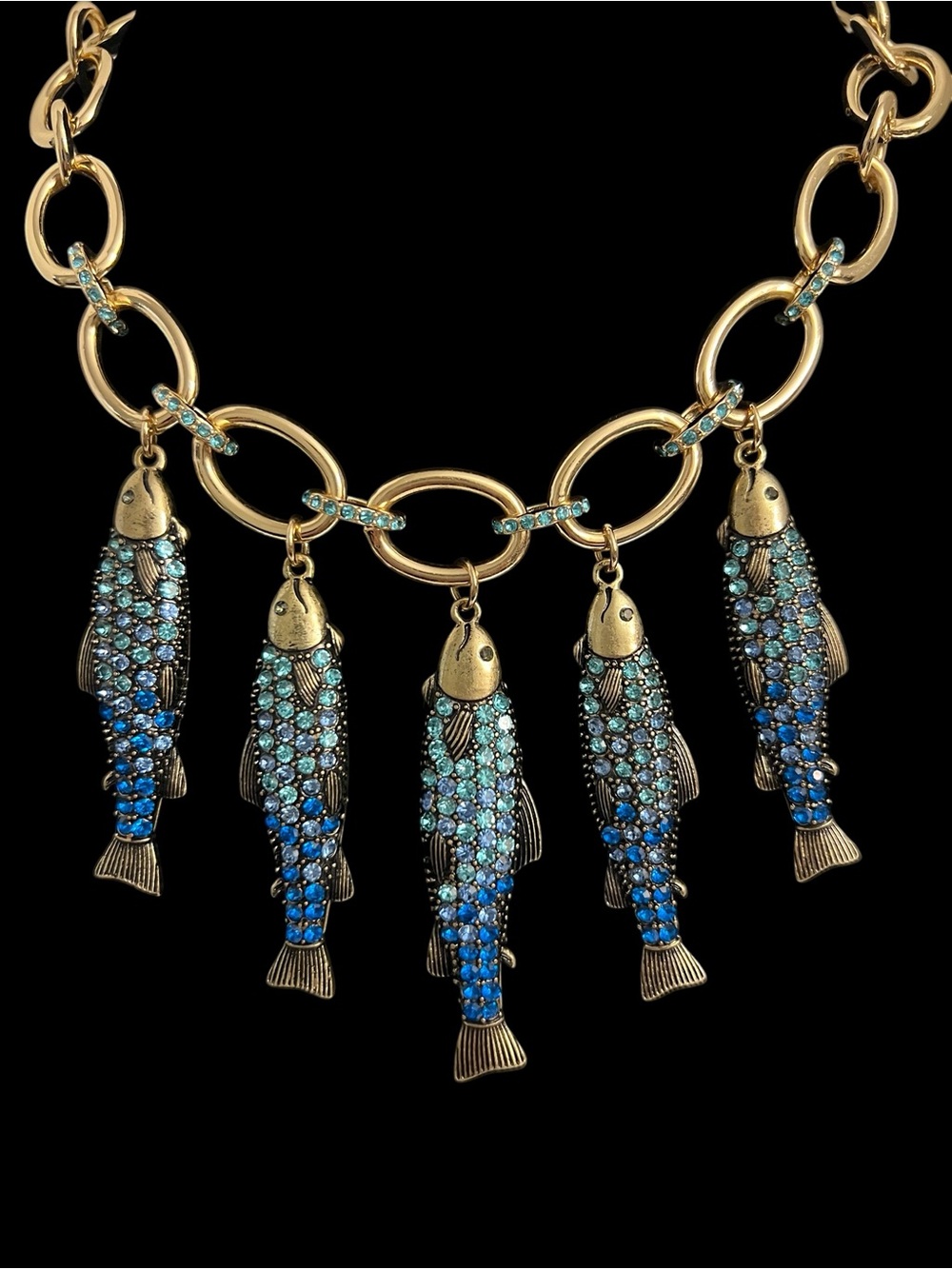 Betsey Johnson Gold-Tone Fish Pendant Necklace with Aqua and Blue Crystals